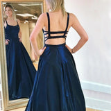 Line Spaghetti Straps Sweep Train Drak Navy Prom Dress With Pocktes HZ0509