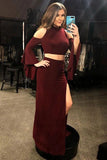 Piece Mermaid Cold Shoulder Long Sleeves Burgundy Prom Dress With Split HZ0509