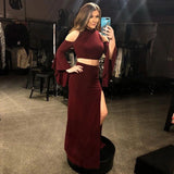 Piece Mermaid Cold Shoulder Long Sleeves Burgundy Prom Dress With Split HZ0509