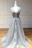 A Line Round Neck Appliques Tulle Long Prom Dress Evening Dress HZ0509