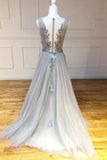A Line Round Neck Appliques Tulle Long Prom Dress Evening Dress HZ0509