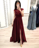 A Line Cap Sleeves Prom Dresses, Long Beading Slit Prom Gown HZ0509