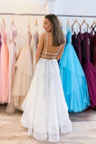 V neck Tulle Sequina Long Prom Dress A Line Evening Dress HZ0509