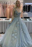 V Neck Tulle Lace Appliques Long Prom Dress Formal Evening Dress HZ0509