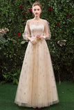 A Line 3/4 Sleeves Tulle Round Neck Prom Dress Evening Dresses HZ0509