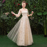 A Line 3/4 Sleeves Tulle Round Neck Prom Dress Evening Dresses HZ0509
