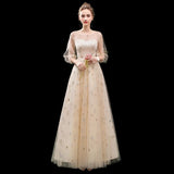 A Line 3/4 Sleeves Tulle Round Neck Prom Dress Evening Dresses HZ0509