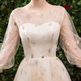 A Line 3/4 Sleeves Tulle Round Neck Prom Dress Evening Dresses HZ0509