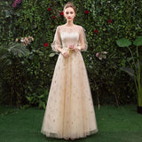 A Line 3/4 Sleeves Tulle Round Neck Prom Dress Evening Dresses HZ0509