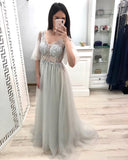 Line V Neck Short Sleeves Prom Dresses, Long Tulle Prom Gown HZ0509