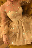 Long Sleeve Short Unique Sheer Neck Stars Mini Homecoming Dress HZ0509
