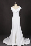 V Neck Off White Simple Wedding Dress, Long Bridal Dresses HZ0509