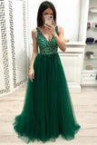 A Line V Neck Beading Prom Dresses, Long Tulle Green Prom Dress HZ0509