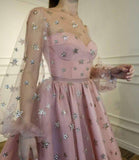 Long Sleeve Short Unique Sheer Neck Stars Mini Homecoming Dress HZ0509