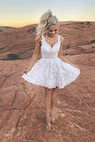 White Short Lace Homecoming Dresses V Neck Appliques Cocktail Dresses HZ0509