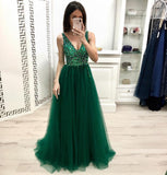 A Line V Neck Beading Prom Dresses, Long Tulle Green Prom Dress HZ0509