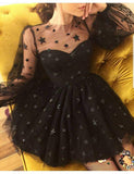 Long Sleeve Short Unique Sheer Neck Stars Mini Homecoming Dress HZ0509