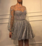 Long Sleeve Short Unique Sheer Neck Stars Mini Homecoming Dress HZ0509