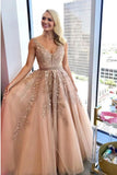 V-Neck Floor-Length Prom Dress with Appliques Beading HZ0509
