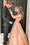V-Neck Floor-Length Prom Dress with Appliques Beading HZ0509