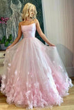 Pink Spaghetti Straps Long Prom Dresses, 3D Flowers Evening Dresses HZ0509