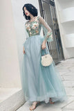 Line Long Sleeves Round Neck Tulle Floral Appliques Prom Dresses HZ0509