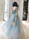 Line Long Sleeves Round Neck Tulle Floral Appliques Prom Dresses HZ0509