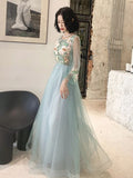 Line Long Sleeves Round Neck Tulle Floral Appliques Prom Dresses HZ0509
