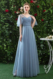 Line V Neck CHiffon Blue Cheap Prom Dress, Long Bridesmaid Dresses HZ0509