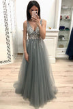 A Line V Neck Grey Prom Dresses, Beaded Sequins Prom Dress HZ0509