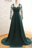 Elegant Long Sleeve Green Chiffon Long Appliqued Prom Dresses, Open Back Party Dresses HZ0509