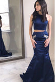 Piece Halter Backless Mermaid Navy Blue Prom Dress with Beading Pockets HZ0509