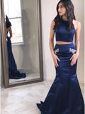 Piece Halter Backless Mermaid Navy Blue Prom Dress with Beading Pockets HZ0509