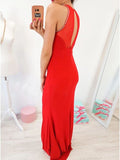 Crew Open Back Floor-Length Red Prom Dress with Keyhole HZ0509