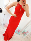 Crew Open Back Floor-Length Red Prom Dress with Keyhole HZ0509