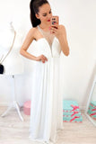 Crew Floor-Length White Chiffon Prom Dress with Pearls HZ0509