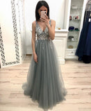 A Line V Neck Grey Prom Dresses, Beaded Sequins Prom Dress HZ0509