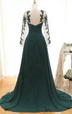 Elegant Long Sleeve Green Chiffon Long Appliqued Prom Dresses, Open Back Party Dresses HZ0509