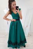 V-Neck Cap Sleeves Floor-Length Dark Green Prom Dress with Lace Pleats HZ0509