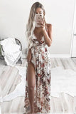Deep V-Neck Printed Chiffon Prom Dress with Split HZ0509