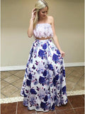 Piece Strapless Floor-Length Floral Printed Prom Dress with Lace Top HZ0509