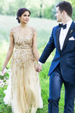 Illusion Neck Beading Long Gold Wedding Dress with Sheer Back, Long Prom Dresses HZ0509