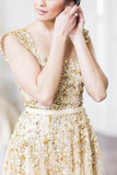 Illusion Neck Beading Long Gold Wedding Dress with Sheer Back, Long Prom Dresses HZ0509