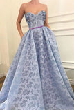A-Line Sweetheart Light Blue Lace Prom Dress with Pockets Beading HZ0509