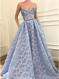 A-Line Sweetheart Light Blue Lace Prom Dress with Pockets Beading HZ0509