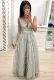 Line V Neck Lace Prom Dresses, Cheap Long Evening Dress HZ0509