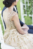 Illusion Neck Beading Long Gold Wedding Dress with Sheer Back, Long Prom Dresses HZ0509