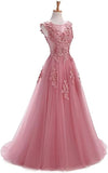 Line Round Neck Lace Appliques Floor Length Prom Dresses HZ0509