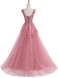 Line Round Neck Lace Appliques Floor Length Prom Dresses HZ0509