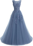 Line Round Neck Lace Appliques Floor Length Prom Dresses HZ0509